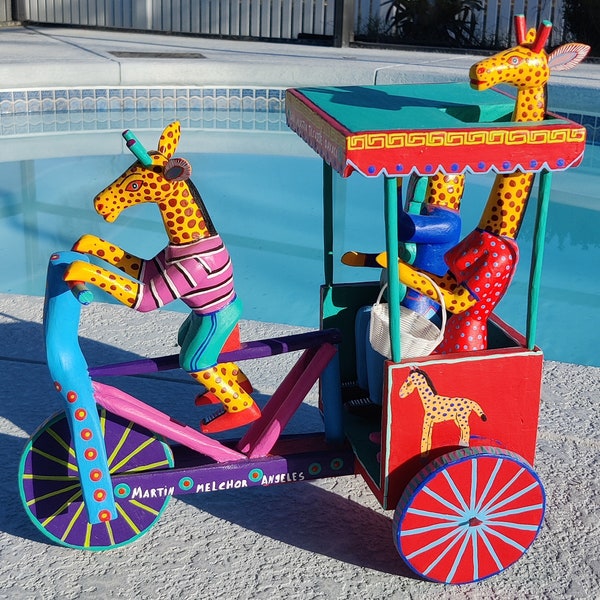 Alebrije Woodcarving Oaxaca Giraffe Taxi Bike Bicycle Driver Mexican Folk Art Colorful Wood Carving by Martin Melchor Native Art Jirafas