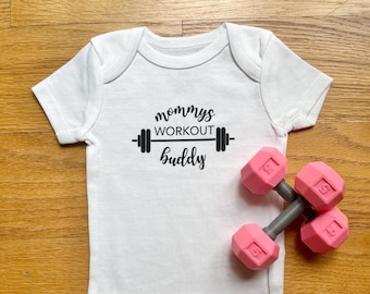 Set of &quot;Mommy&#39;s Workout Buddy&quot; Infant Bodysuit with Cursive Font and Two Baby Rattle Dumbbells