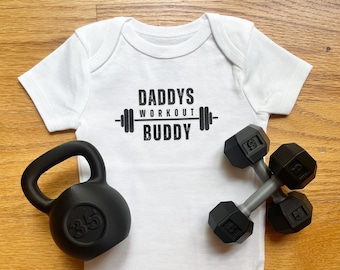 Set of &quot;Daddys Workout Buddy&quot; Infant Bodysuit, Kettlebell and 2 Dumbbell Rattles. Great gift for exercise enthusiasts and baby showers!