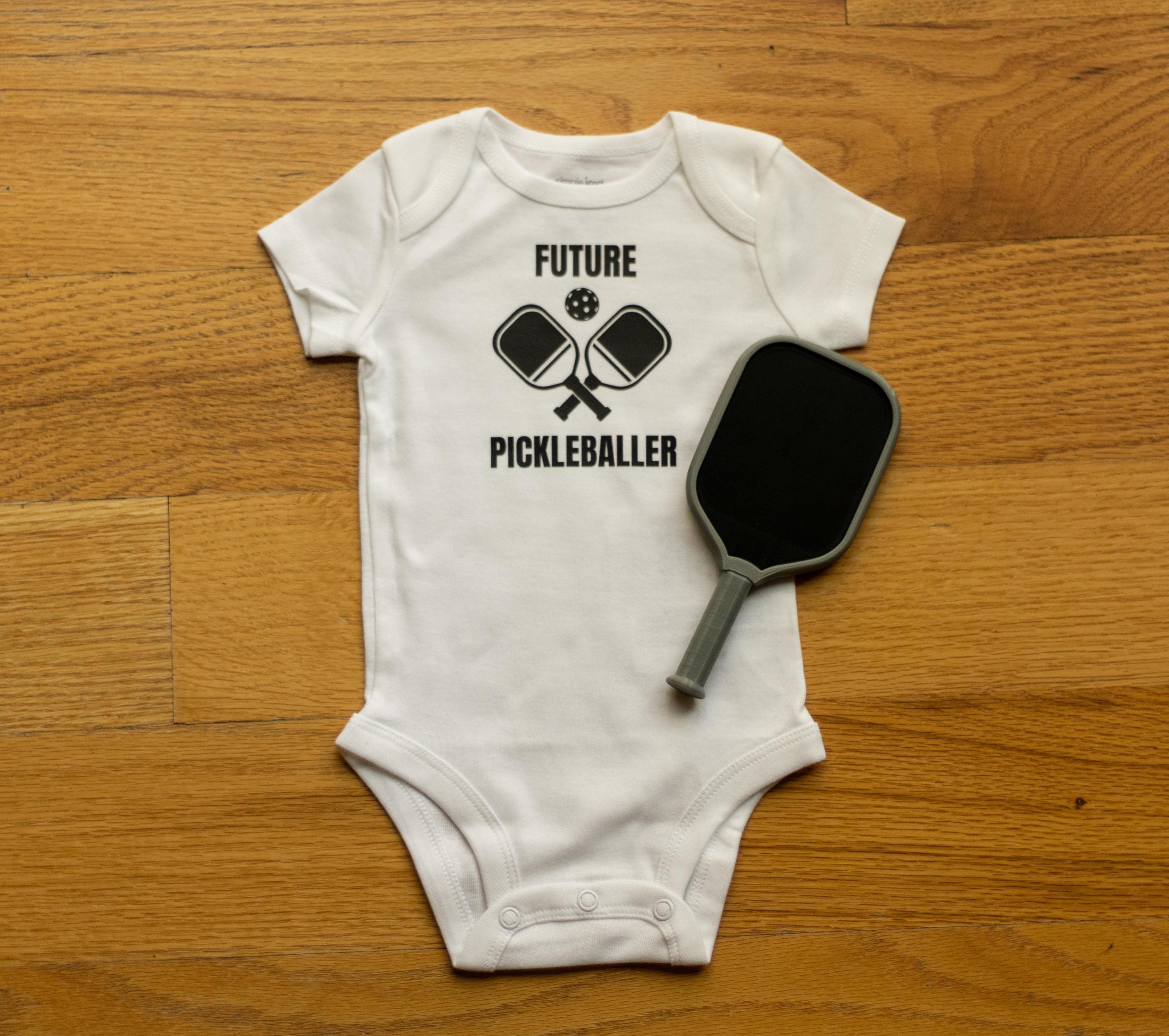 Set of Baby RATTLE Pickleball Paddle and "Future Pickleballer" Infant Bodysuit! Perfect Baby Shower Gift for Picklers!