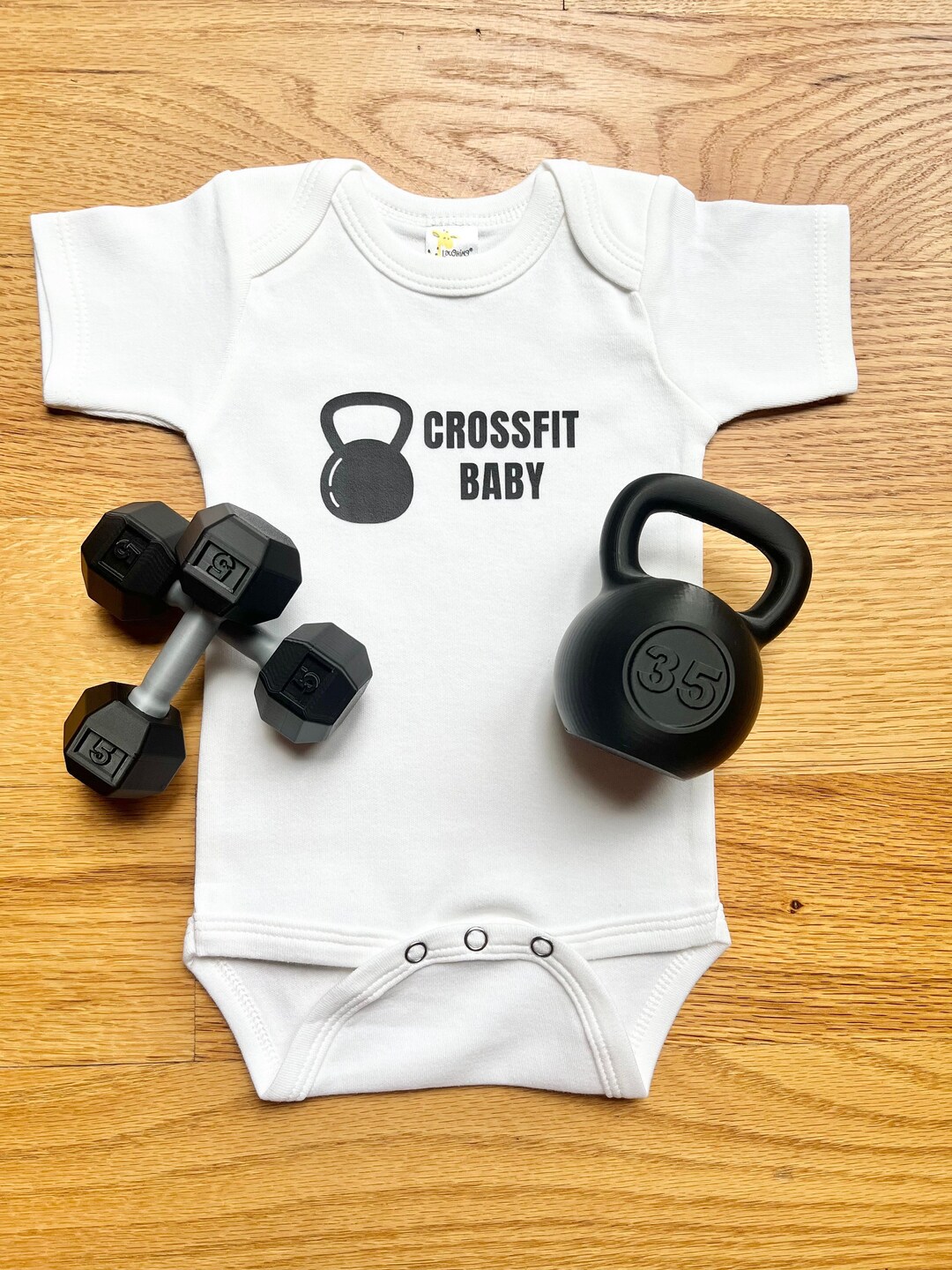 Set of Onesie, Kettlebell and Dumbbell Rattles White crossfit Baby