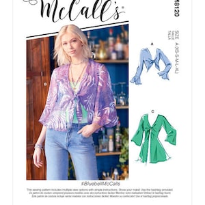 May include: A sewing pattern for a tie-front top with multiple view options. The pattern includes simple instructions and a hashtag #BluebellMcCalls. The pattern is available in sizes XS-S-M-L-XL.