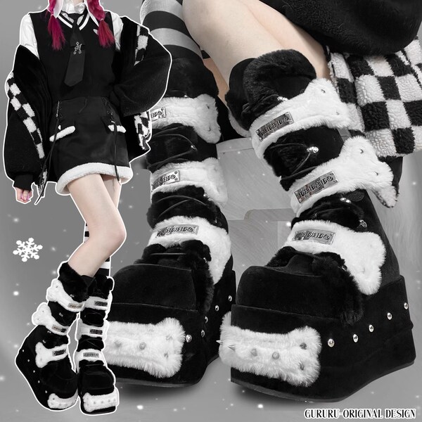Bone Plush Thick Soled Platform Boots Y2K Harujuku Fashion Kawaii Goth Platform Shoes Spooky Retro Ghost Style Velcro Straps