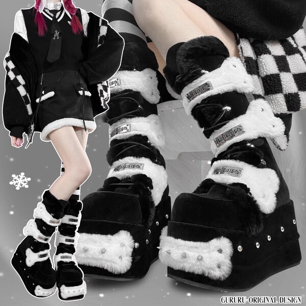 Knochen Plüsch Dicke Sohlen Plateau Stiefel Y2K Harujuku Mode Kawaii Goth Plateau Schuhe Retro Geister-Stil Klettverschluss-Riemen