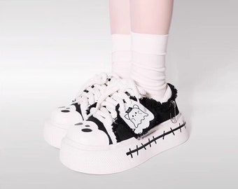 Ghost Low Platform Sneakers Y2K Kawaii Retro Spooky Cute Footwear Ghost Print Unique Whimsical Design Japanese Fashion Harujuku Korean