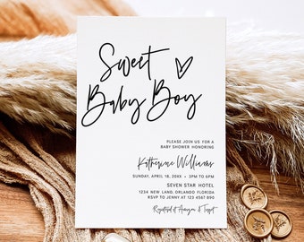 Minimalist  Sweet Baby Boy Shower Invitation Boho Baby Boy Shower Invite Printable Baby Shower Editable Template Electronic Invite B1