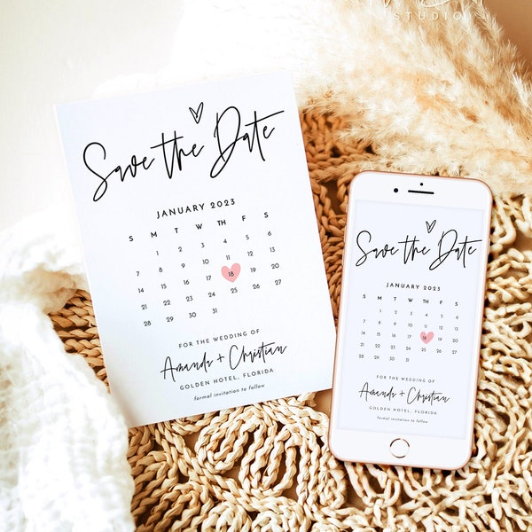 Minimalist Electronic Save the Date with Calendar, Electronic Invitation, Simple Digital Invite, INSTANT DOWNLOAD, Editable Template B1