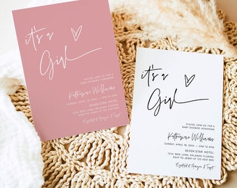 Blozen roze het is een meisje baby shower uitnodiging afdrukbare minimalistische meisje baby shower uitnodigen Boho baby shower stoffige roze bewerkbare sjabloon B1