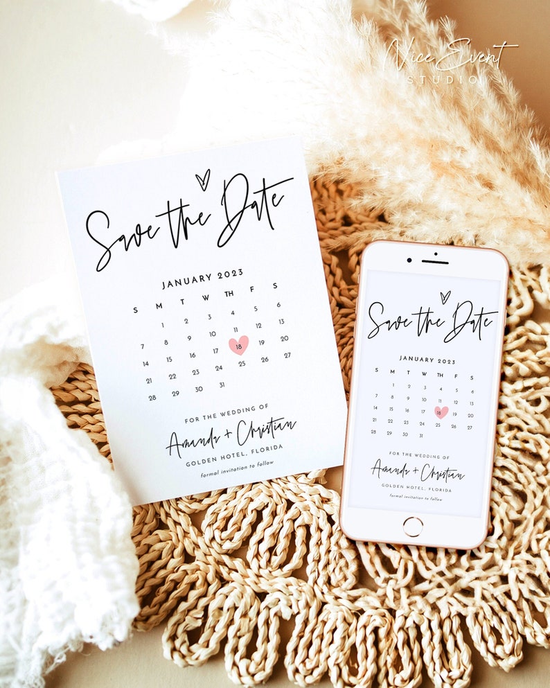 Minimalist Electronic Save the Date with Calendar, Electronic Invitation, Simple Digital Invite, INSTANT DOWNLOAD, Editable Template B1 image 1