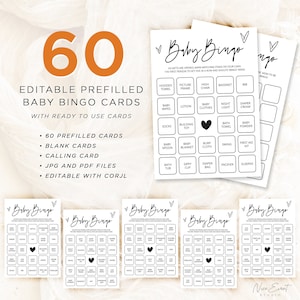 60 tarjetas de bingo para bebés precargadas Juego de bingo para bebés Bingo de baby shower editable Bingo para bebés minimalista Tarjetas de bingo imprimibles Bingo para bebés en blanco B1
