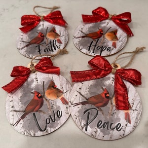 Male & Female Cardinal Ornaments Faith, Hope, Love, and Peace Set of 4