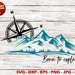 May include: A black compass with a mountain range silhouette and the text "Born to explore" in black. The compass is pointing north and the mountains are a teal blue color.