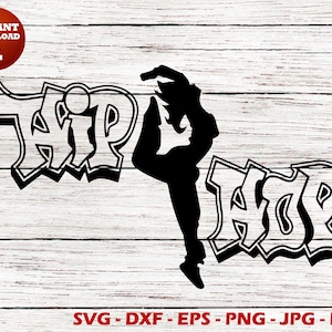 Könnte beinhalten: Schwarze und weiße Silhouette einer Person, die tanzt, mit dem Wort "Hip Hop" in einer Graffiti-Schrift.