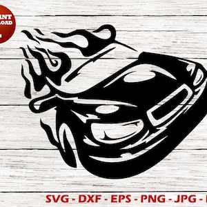 May include: Black and white silhouette of a car with flames coming from the back, on a white wood background.