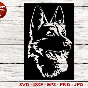 May include: Black and white silhouette of a German Shepherd dog's head with its tongue sticking out. The dog is looking to the right.