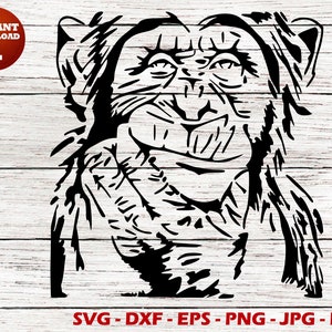 May include: Black and white line art illustration of a monkey with a mischievous grin, looking to the side. The monkey has long hair and is holding its chin with its hand.