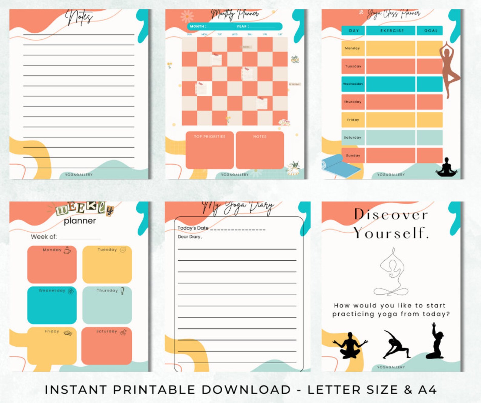 Yoga Planner Digital, Yoga Pose Journal Printable, 30 Days Yoga