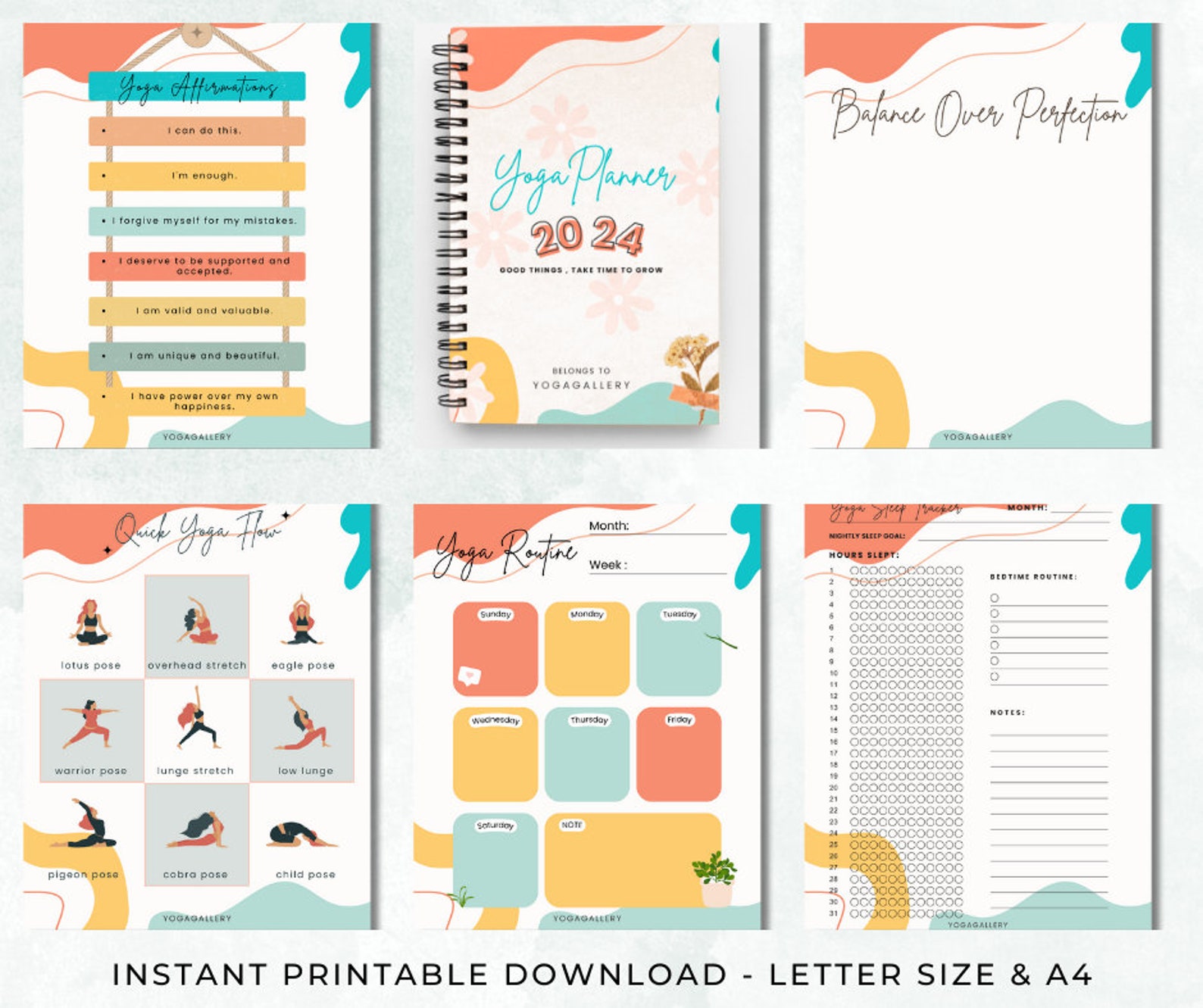 Yoga Planner Digital, Yoga Pose Journal Printable, 30 Days Yoga
