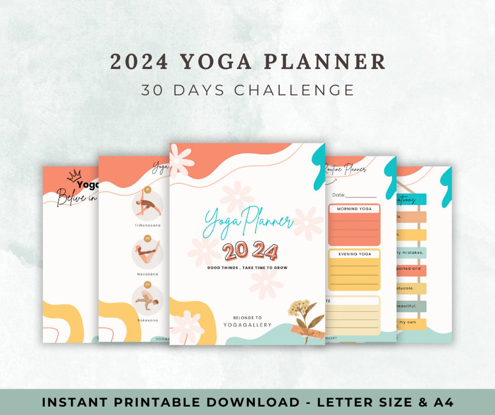 Yoga Planner Digital, Yoga Pose Journal Printable, 30 Days Yoga