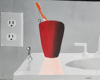 Canvas painting of stick figures on a sink.