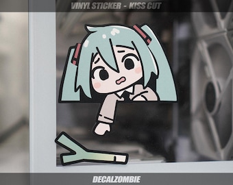 Miku Drops her Leek !! :( - Vinyl Sticker | Vocaloid Miku Anime Peeker Sticker, Anime Sticker, Cute Miku Sticker