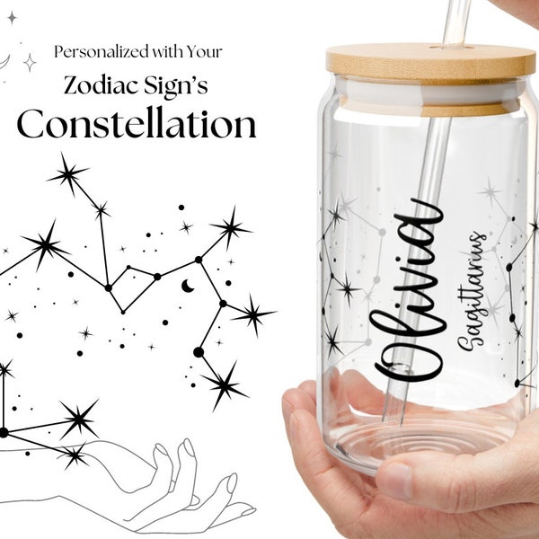 Sagittarius Constellation Personalized Name Ice Coffee Can with Zodiac Sign. Reusable Travel Cup 16oz. Glass Jar. Ice Latte, Drinks Takeaway