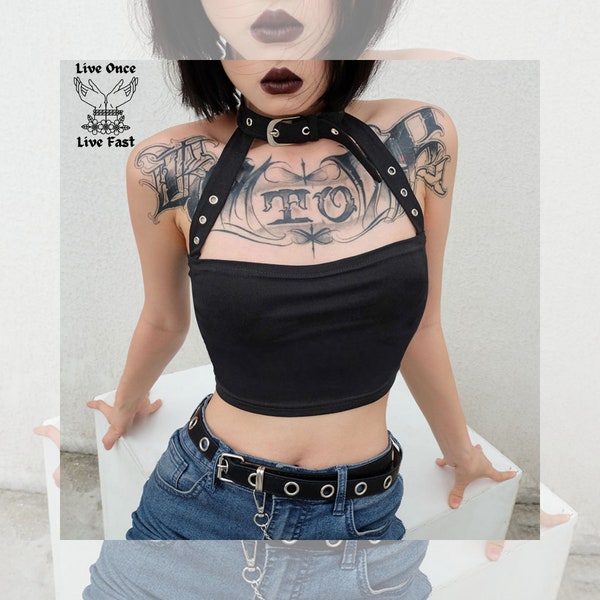 Emo Gothic Shirt Alt Rave Clothing Choker Crop Top  Punk Rock Heavy Metal Outfit Y2K