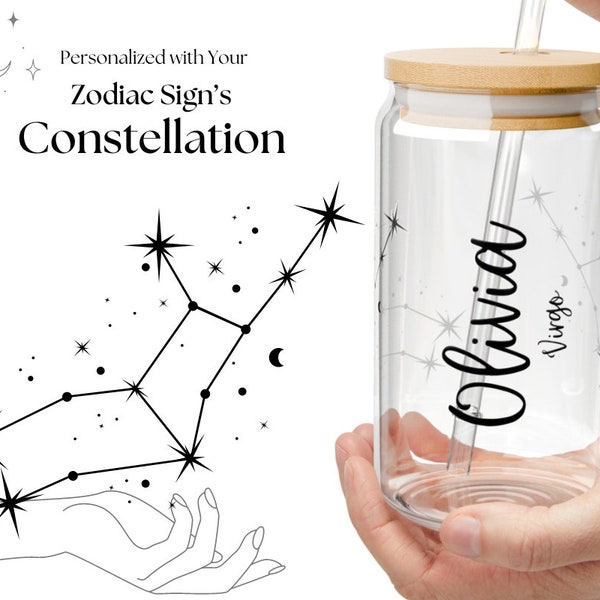 Virgo Constellation Personalized Name Ice Coffee Can with Zodiac Sign. Reusable Travel Cup 16oz. Glass Jar. Ice Latte, Drinks Takeaway.