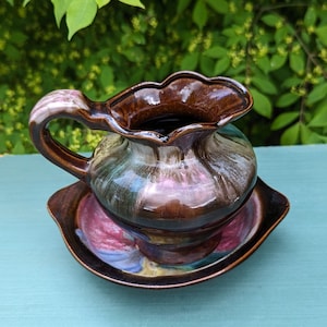 Vintage pitcher and bowl  brown multicolor pitcher and bowl small  Pitcher and bowl little pitcher and bowl Pitcher