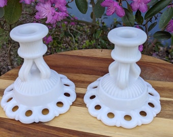 Vintage milk glass Candleholders Westmoreland Doric Lace wedding