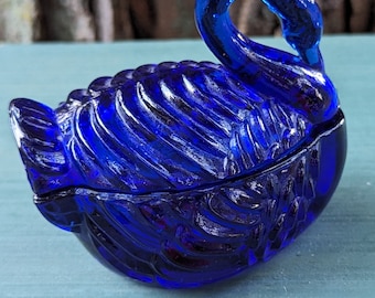 Vintage cobalt Blue Glass candy dish Swan Trinket dish with lid cottage Bird dish core birthday gift blue trinket dish vintage gift