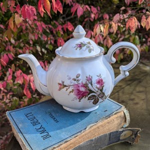 Vintage Moss Rose china teapot White ceramic teapot with Roses Victorian Rose teapot vintage gift for her Small White teapot