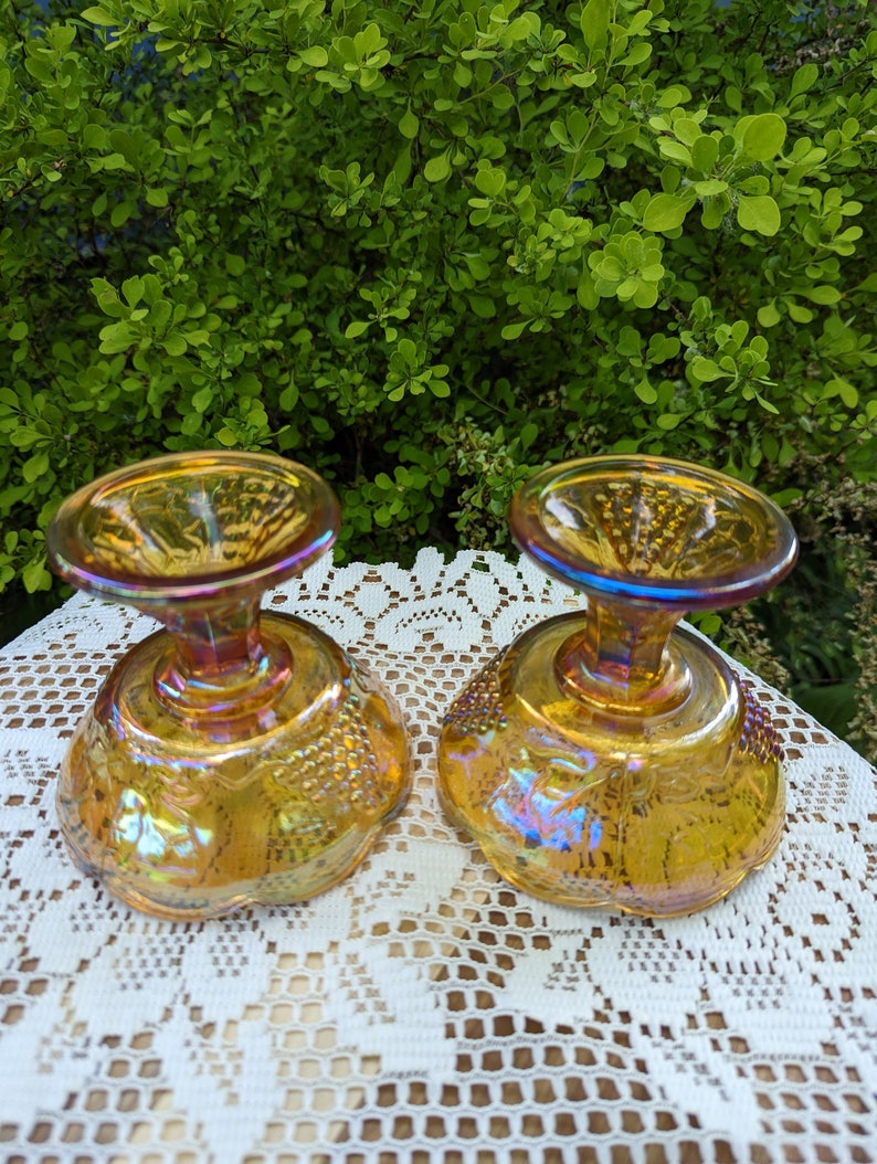 Marigold Carnival Glass Candle Holder Mid Century Candle Etsy