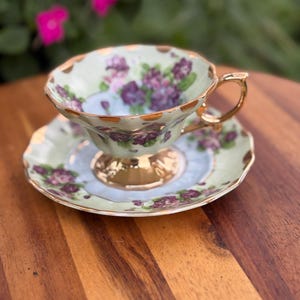 Vintage LEFTON China blue Tea Cup and Saucer Hand Painted Violets and Lilac Footed teacup and saucer vintage gift for her