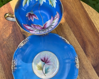 Vintage hand-painted floral teacup blue Royal Sealy