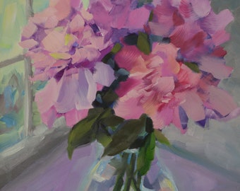 Pink Peony Oil Painting: Impressionist Still Life Artwork, 12"x12"