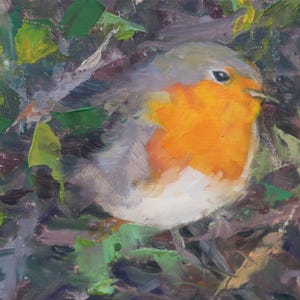 May include: Oil painting of a European robin bird with a bright orange breast, gray head, and white belly. The bird is surrounded by green and brown foliage, with visible brushstrokes and a textured appearance. The artwork captures the bird in its natural habitat.