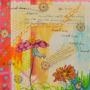 Abstract Floral Mixed Media Painting: Vintage Collage Art on Canvas