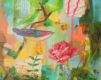 Whimsical Bird Mixed Media Painting: Antique Literary Collage Art
