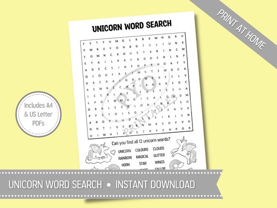 unicorn word search unicorn puzzle activity etsy
