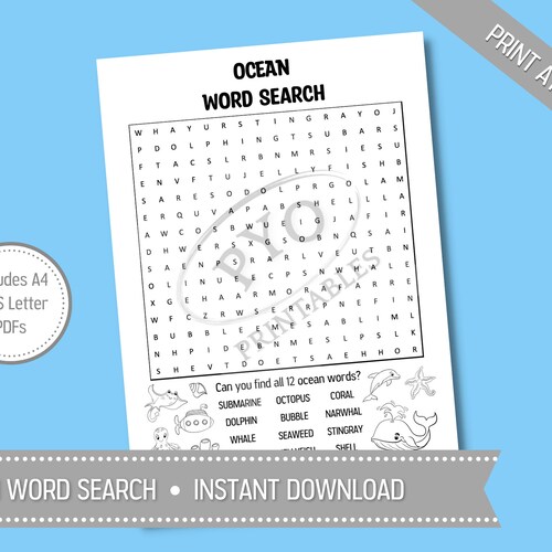 ocean word search for kids printable ocean playdate activity etsy