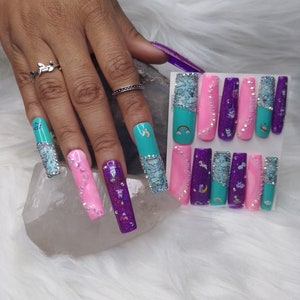 XXL square unicorn bling press-on nails set 24