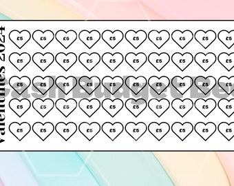 Printable Valentines Savings Tracker - Perfect size to stick onto a Savings Tin - 50 Hearts - 250 Pounds-  Digital Download.