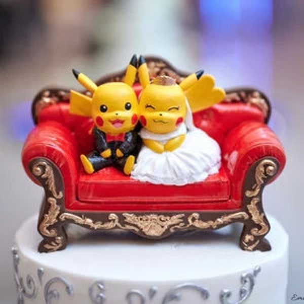 Pikachu Wedding Groom and Bride on Sofa Couch - Pokemon Love Fan Art Sculpture | Hand painted Custom Statue for Kids and Collectors or Gift