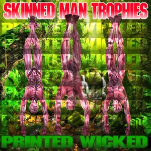 May include: Digital artwork featuring three figures in a handstand pose, showcasing exposed muscle tissue. The figures are set against a backdrop of lush green foliage and a waterfall. The text "SKINNED MAN TROPHIES" and "PRINTED WICKED" are displayed.