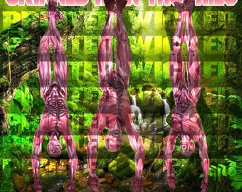 May include: Digital artwork featuring three figures in a handstand pose, showcasing exposed muscle tissue. The figures are set against a backdrop of lush green foliage and a waterfall. The text "SKINNED MAN TROPHIES" and "PRINTED WICKED" are displayed.