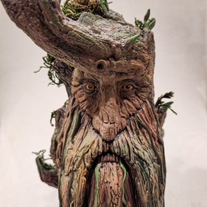 May include: A detailed sculpture of a tree-like face with a long beard and intense eyes. The sculpture is primarily brown and green, with moss and small leaves adding texture. The face has a weathered appearance, with intricate details.