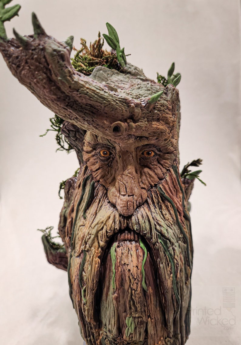 May include: A detailed sculpture of a tree-like face with a long beard and intense eyes. The sculpture is primarily brown and green, with moss and small leaves adding texture. The face has a weathered appearance, with intricate details.