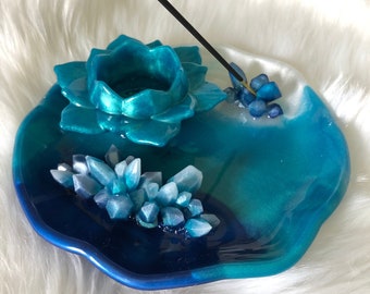 incense dish, incense burner, lotus, tealight, unique, blue, incense