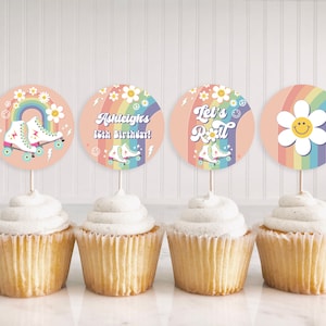 Roller Skate Happy Birthday Cupcake Toppers - Retro Groovy Let&#39;s Roll Roller Skate Birthday Party Rainbow Daisy Digital Download RP1 700
